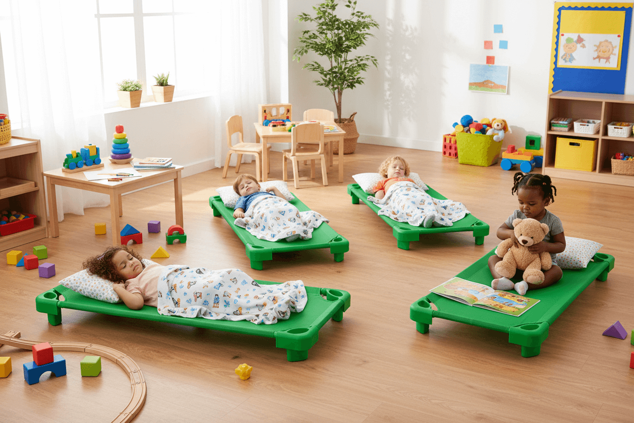 Zelené plastové lehátko do školky